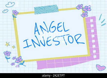 Schild mit Angel Investor. Internetkonzept vermögend Einzelperson, die finanzielle Unterstützung leistet Blank Frame dekoriert mit abstrakten, modernisierten Formen Blumen und Blattwerk. Stockfoto