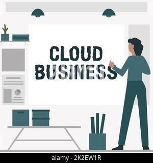 Textunterschrift für Cloud Business. Konzeptionelles Fotocomputing, das sich auf gemeinsam genutzte Computerressourcen stützt Geschäftsfrau Casual Standing präsentiert Diagramme und neue wunderbare Ideen. Stockfoto