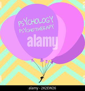 Inspiration mit Zeichen-Psychologie Psychotherapie. Geschäftsbeispiele zur Behandlung psychischer Störungen mit psychologischen Mitteln Mann mit bunten Ballons Fliegen um gestreiften Hintergrund. Stockfoto