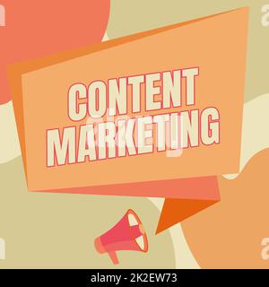 Inspiration bei der Präsentation von Sign Content Marketing. Der Business Showcase umfasst die Erstellung und Freigabe von Online-Material Megaphone Drawing die Ankündigung erfolgt im Gespräch mit Chat Box. Stockfoto