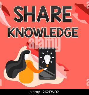 Handschriftliches Schild Wissen teilen. Geschäftskonzept Ich habe anderen beigebracht, was ich gelernt habe, bevor ich Vorlesungen hielt. Lady Press-Bildschirm des Mobiltelefons, auf dem die futuristische Technologie gezeigt wird. Stockfoto