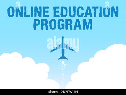 Textüberschrift zur Präsentation des Online-Schulungsprogramms. Business-Showcase Distance Learning, das auf der Internet-Illustration von Airplane Launch Fast Straight Up to the Skies basiert. Stockfoto