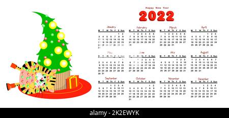 Lustiger Kinderkalender für 2022. Jahr des Tigersymbols 2022. Vektordarstellung. Zeitplan, wöchentlich Stockfoto
