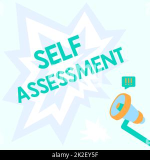 Unterschreiben Sie mit der Anzeige der Selbsteinschätzung. Die Bewertung des eigenen oder eigenen Geschäftsansatzes ist das Zeichnen von Megafonen mit Lightning Wave Sound, das laut ankündigt. Stockfoto