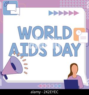 Textschild zeigt den Welt-Aids-Tag an. Am Welt-AIDS-Tag geschriebenes Wort Frau zieht neben dem Megaphon sitzend eine neue Ankündigung Stockfoto