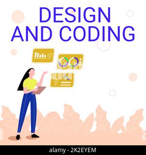 Text mit Inspiration Design und Codierung. Wort für Werkzeug, das im Design- und Planungsprozess verwendet werden kann Illustration of Girl Sharing Ideas for Skill Diskutieren von Arbeitsstrategien. Stockfoto