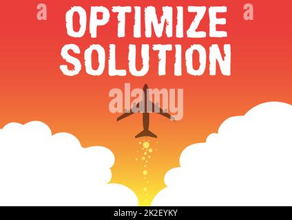 Inspiration zeigt Zeichen Optimize Solution. Ein Wort über den Prozess, den größten Wert der Lösung zu finden Illustration eines Flugzeugs, das „Fast Straight Up to the Skies“ startet. Stockfoto