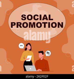 Textzeichen mit Werbung in sozialen Medien. Unternehmensübersicht die Schüler werden in die nächste Klasse befördert, um gemeinsam mit ihren Partnern neue Ideen für Arbeitsstrategien zur Verbesserung ihrer Fähigkeiten zu teilen. Stockfoto