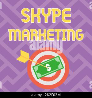 Unterschreiben Sie, dass Skype Marketing angezeigt wird. Wort, das auf Apps geschrieben wurde, die sich auf Video-Chats und Sprachkommunikation spezialisiert haben und über Target by Arrow mit einer Beschreibung von Financial Planning fixiert sind. Stockfoto