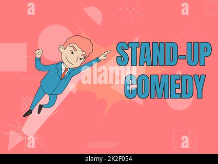 Schild mit Stand-Up-Comedy. Business-Showcase Comedian, der vor dem Publikum spricht, Mann, der Uniform trägt und nach oben zeigt, zeigt Leadership. Stockfoto