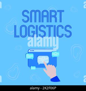 Handschriftliches Schild Smart Logistics. Geschäftsüberblick Integration intelligenter Technologie in das Logistiksystem Hand zeigt Wachstumsgrafik zeigt Webbrowser-Bildschirm an. Stockfoto