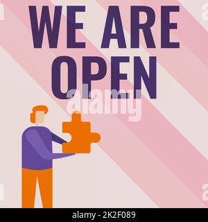 Konzeptionelle Darstellung Wir sind offen. Business Showcase Wir sind Open Business man Holding Puzzle Stück Entsperren neue futuristische Technologien Stockfoto