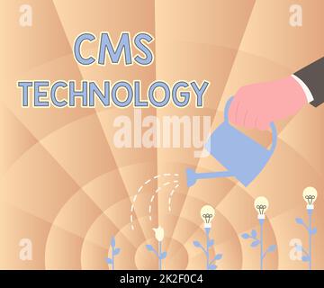 Inspiration mit der Signage CMS-Technologie. Wort, das auf Programmen geschrieben wird, die zur Erstellung und Verwaltung digitaler Inhalte verwendet werden. Hand-Holding Water Can Bewässerung von Pflanzen, die neue Projektideen entwickeln. Stockfoto