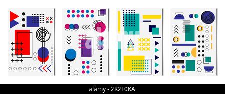 Set mit 4 abstrakten geometrischen Formen, hellen Hintergründen, Vorlagen für Werbung, Visitenkarten, Texturen - Vektor Stockfoto