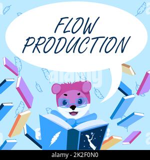 Schild, das Flow Production anzeigt. Konzeptionelle Fotoelemente werden von einem Verarbeitungsschritt zum nächsten erstellt Fox mit Brille in der Bibliothek Lesen Eines Buches Untersuchen. Stockfoto
