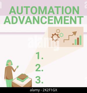 Textüberschrift zur Darstellung von Automation Advancement. Konzeptionelle Fotoanwendung von Maschinenaufgaben, die einst ausgeführt wurden Menschen Lady Standing-Projektor Fernsteuerung mit Wachstumsgrafik. Stockfoto