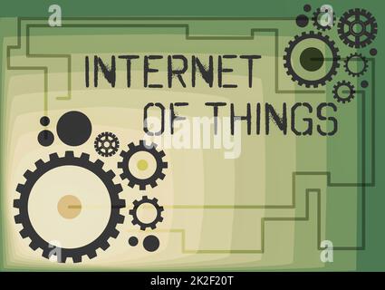 Konzeptionelle Beschriftung Internet der Dinge. Geschäftsansatz Verbindung von Geräten mit dem Netz zum Senden von Empfangsdaten Illustration von mechanischen Zahnrädern, die miteinander verbunden sind, während der Arbeit Stockfoto