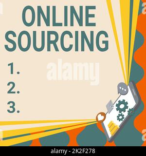 Textüberschrift für Online-Sourcing. Das Konzept, das den Kauf von Waren und Dienstleistungen beinhaltet, wird über das Internet Mobile Drawing Sharing positive Comments und Good Speech Bubble vermittelt Stockfoto