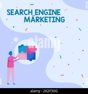 Handgeschriebenes Schild Search Engine Marketing. Konzeptfoto Werben Sie die Sichtbarkeit der Website auf den gesuchten Ergebnisseiten für den Mann-Zeichnung Steheinrichtung vier Puzzleteile. Stockfoto