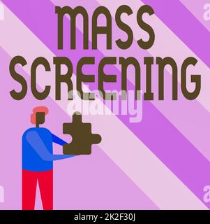 Textzeichen für Massenscreening. Business Concept Health Evaluation durchgeführt bei einem großen Teil der Bevölkerung Business man Holding Puzzle Piece Unlocking New futuristic Technologies Stockfoto