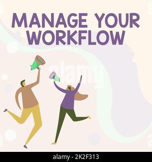 Text, der Inspiration zeigt Workflow verwalten. Geschäftsansatz zur Durchführung einer Aufgabe erforderliche Aktivitäten Illustration von Partnern, die über Megaphone Gedanken austauschen. Stockfoto
