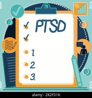 Textzeichen mit PTSD. Wort geschrieben auf Post-traumatische Belastungsstörung psychische Erkrankung Trauma Angst Depression Zwischenablage Zeichnung mit Checkliste markiert Fertig Punkte auf Liste. Stockfoto