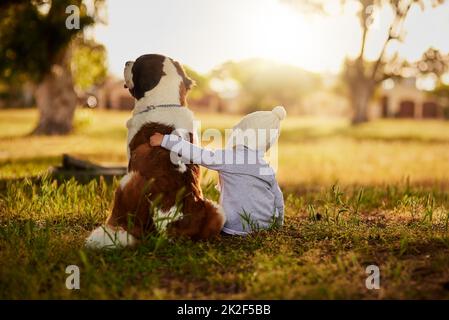 Dieser Riese hat ein sanftes Herz. Rückansicht eines niedlichen kleinen Jungen, der seinen Hund umarmt, während sie draußen sitzen. Stockfoto