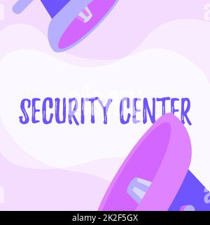 Textunterschrift für Security Center. Geschäftsansatz Zentrale Einheit, die sich mit Sicherheitsproblemen des Unternehmens befasst. Megaphone-Zeichnungen werden in der Chat Cloud angekündigt. Stockfoto