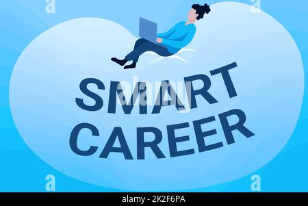 Schild mit Anzeige von Smart Career. Wort für Tätigkeit oder Beruf, dass Sie für „IT-Experte“ ausgebildet wurden, Lady Drawing, der sich mit einem Laptop auf Einer großen Bohnentasche zurücksetzt. Stockfoto