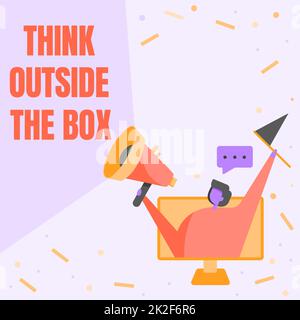 Inspiration mit dem Schild „Think Out the Box“. Konzeptfoto Be einzigartig verschiedene Ideen bringen eine Frau zum Brainstorming in Einen Monitor mit Megafon und Flagge. Stockfoto