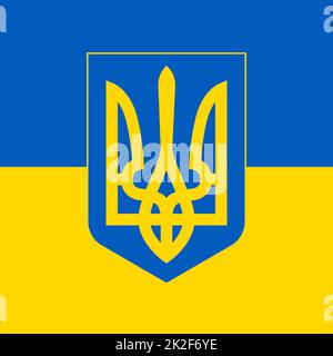 Das offizielle Wappen des unabhängigen Landes der Ukraine vor dem Hintergrund der Flagge - Vector Stockfoto