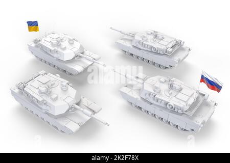 Russische Panzer gegen Ukrainer. Militärischer Aggressionskonflikt. 3D Rendering Stockfoto