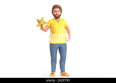 Mann, der den goldenen Stern in der Hand hält. 3D Abbildung Stockfoto