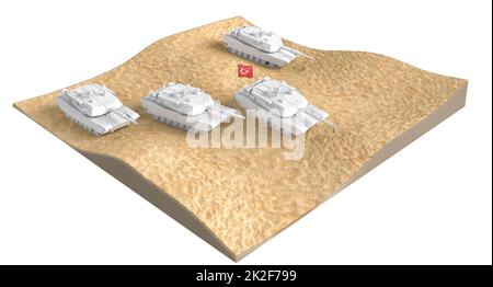 Gruppe türkischer Panzer in der Wüste. Militärisches Konzept. 3D Abbildung Stockfoto