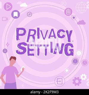 Datenschutzeinstellung für konzeptionelle Beschriftung. Wort für Schränken Sie den Zugriff auf Profile ein und welche Informationen Geschäftsleute innovativ denken und Ideen für eine stabile Zukunft vorantreiben können. Stockfoto