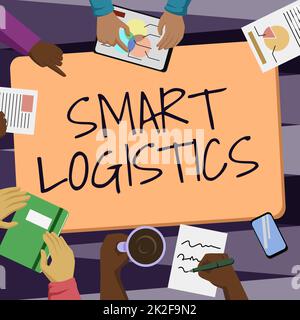 Konzeptionelle Beschriftung Smart Logistics. Geschäftsansatz Integration intelligenter Technologie in das Logistiksystem Kollegen Bürobesprechung Kaffee diskutiert zukünftige Projekte Diagramme. Stockfoto