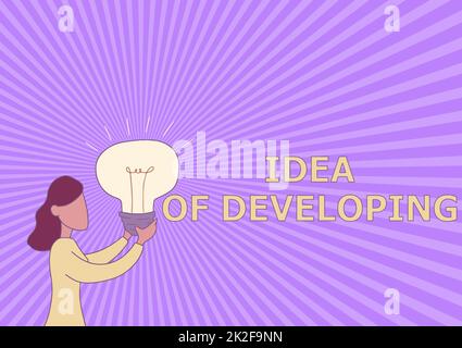 Schild, das die Idee der Entwicklung zeigt. Business Showcase Startup führt Innovationsprodukt ein, Creative Thinking Lady Standing Drawing Holding Light Up Showing New Ideas. Stockfoto