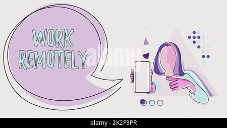 Die Texthandschrift funktioniert per Fernzugriff. Übersicht über das Unternehmen Arbeiten Sie ferngesteuert Zeilenzeichnen für Lady Holding Phone, das neue Ideen mit Speech Bubble präsentiert. Stockfoto