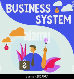 Konzeptionelle Darstellung des Geschäftssystems. Wort für Eine Methode zur Analyse der Informationen von Organisationen Mann sitzt im Park bläst Ballons und denkt mit Idea Lamp an neue Gedanken. Stockfoto