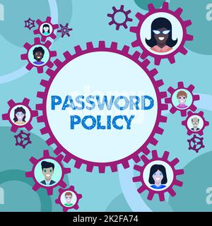 Kennwort-Policy für konzeptionelle Beschriftung. Wort für den ersten Schutz vor unbefugtem Zugriff, den Kollegen auf Zahnrädern präsentieren, die die Definition von Teamarbeit zeigen Stockfoto