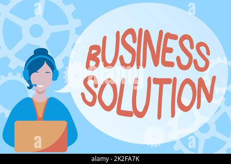 Konzeptionelle Überschrift Business Solution. Business Showcase Services, einschließlich strategischer Planung und Evaluierung Lady Callcenter Illustration mit Kopfhörer Sprechblasen Gespräch. Stockfoto