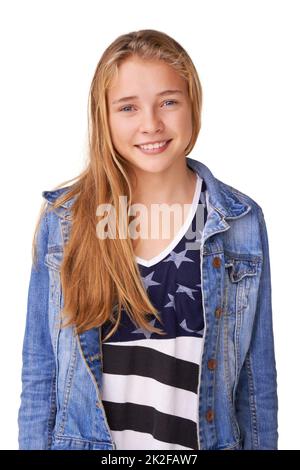 Shes ein stilvoller Teenager. Porträt eines trendigen Teenager-Mädchen im Studio. Stockfoto