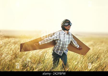 Bereit zum Fliegen. Aufnahme eines Jungen, der vorgibt, mit einem Paar Pappflügeln auf einem offenen Feld zu fliegen. Stockfoto