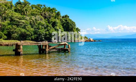 Alter Pier mit Treffpunkt zwischen Regenwald und Meer in Ilha Grande Stockfoto