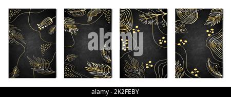 Set mit 4 Stk. Schwarzer abstrakter künstlerischer Hintergrund mit goldenen Linien für Werbung, Visitenkarten und Banner – Vektor Stockfoto