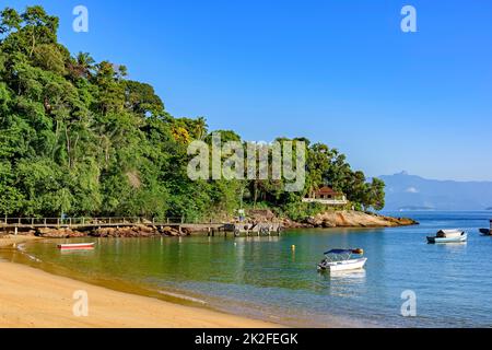 Paradiesischer Strand mit dem Zusammentreffen von Regenwald und Ozean auf Ilha Grande Stockfoto