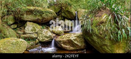 Kleiner Wasserfall Panorama zwischen den Regenwald Vegetation der Insel Ilhabela Stockfoto