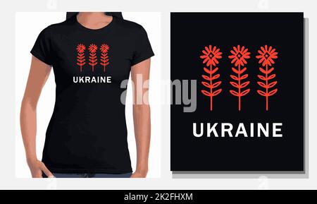 Aufdruck für T-Shirt mit ukrainischen Symbolen und Zitaten Ukraine. Rote abstrakte Blumen auf schwarzem Hintergrund. Das Konzept der Solidarität mit der Ukraine Stockfoto