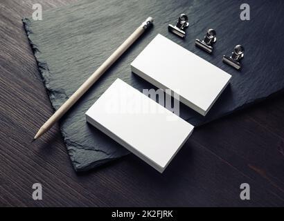 Visitenkarten, Bleistift, Clips Stockfoto