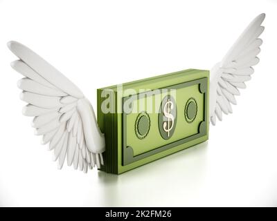 Fiktiver Dollarschein mit Engelsflügeln isoliert auf weißem Hintergrund. 3D Abbildung. Stockfoto